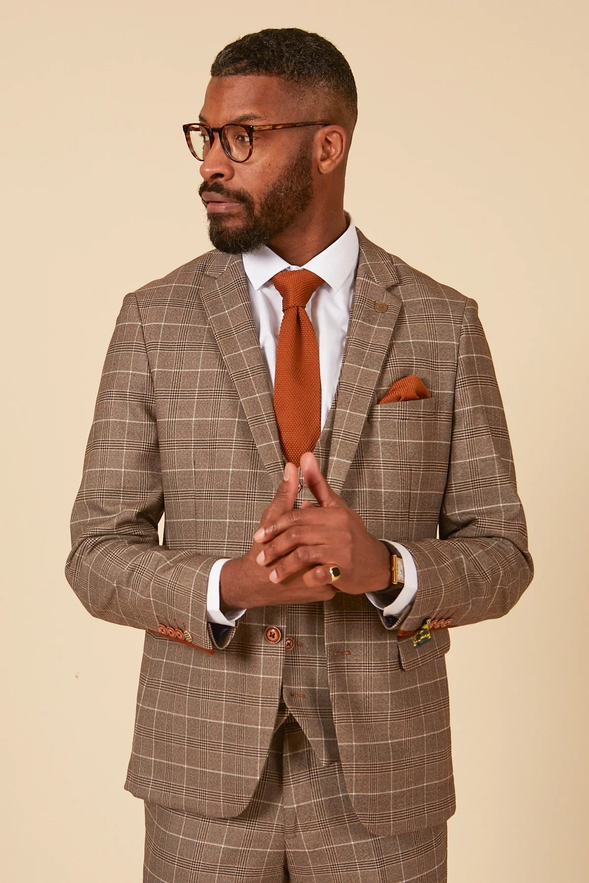 Completo da uomo a tre pezzi beige a quadri - Marc Darcy Ray Tan suit
