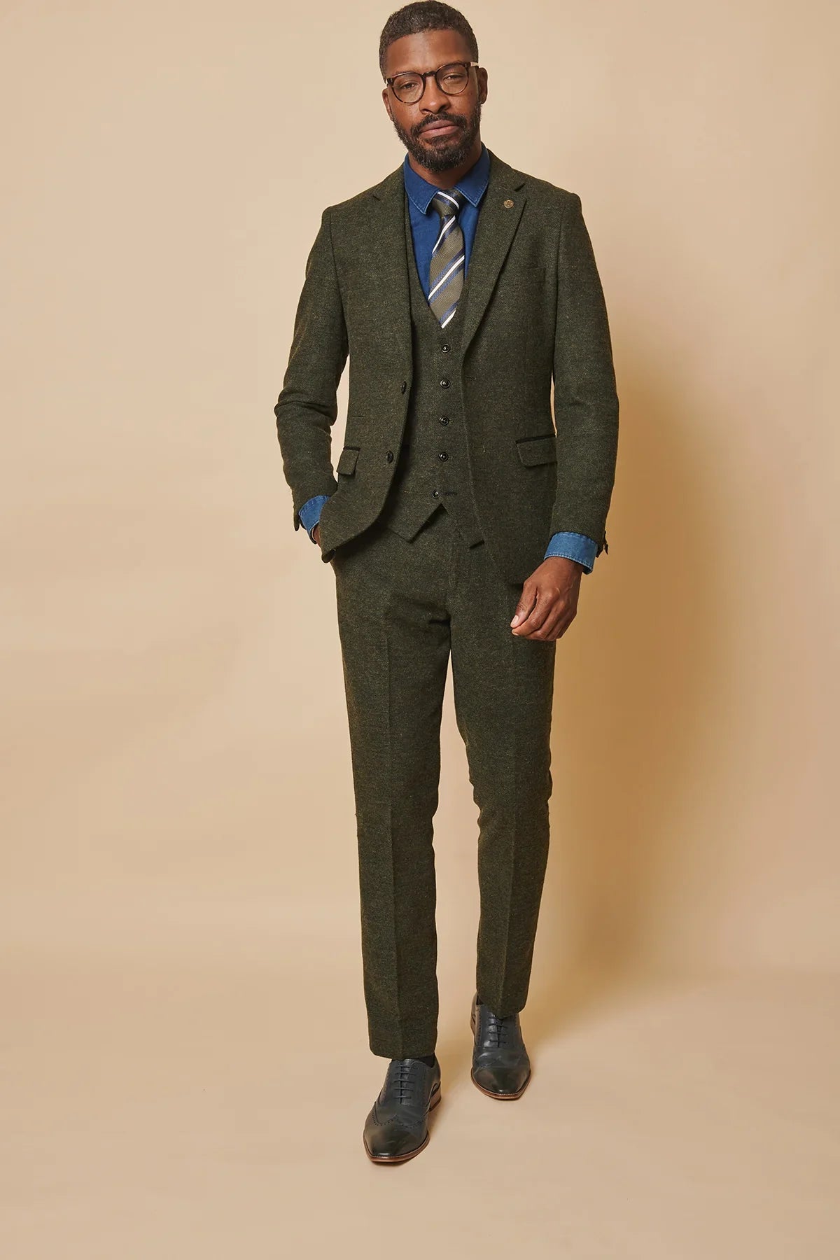 Completo da uomo in tweed Marlow Olive a tre pezzi - Marc Darcy