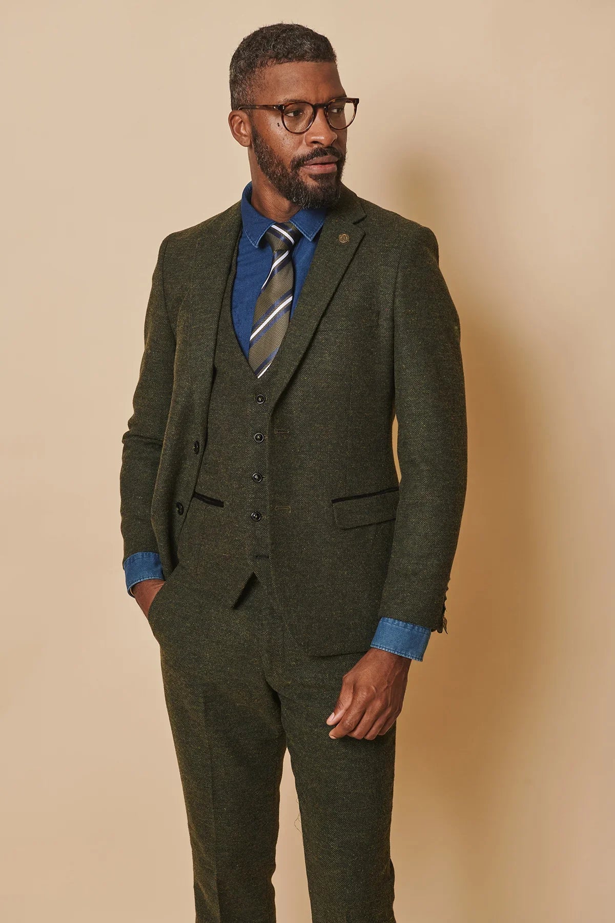 Completo da uomo in tweed Marlow Olive a tre pezzi - Marc Darcy