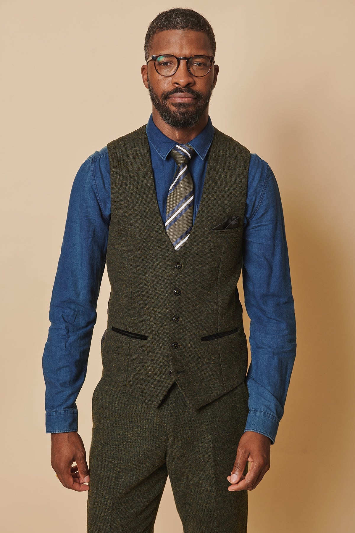 Completo da uomo in tweed Marlow Olive a tre pezzi - Marc Darcy