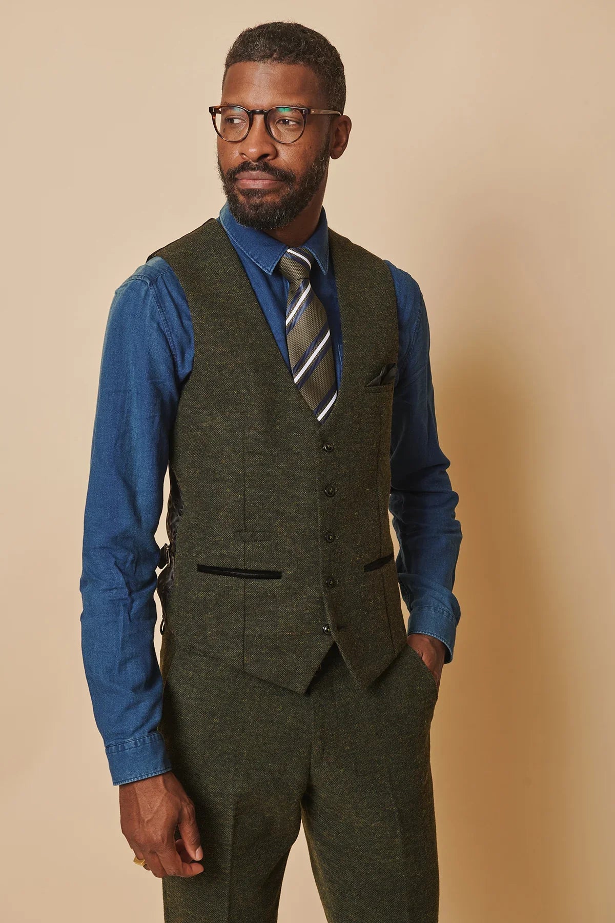 Completo da uomo in tweed Marlow Olive a tre pezzi - Marc Darcy