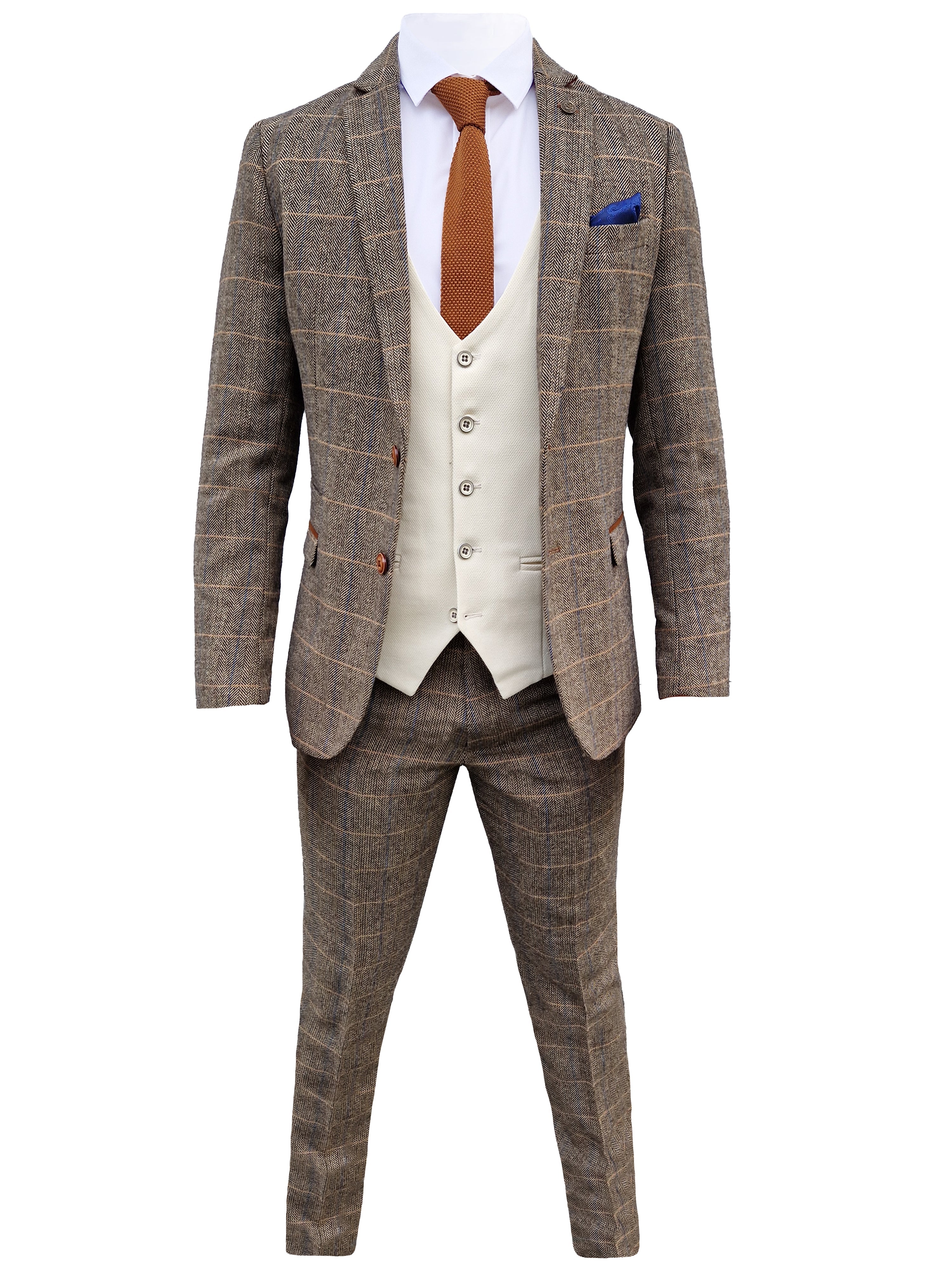 Mix and match - Abito da uomo a tre pezzi Herringbone marrone/crema