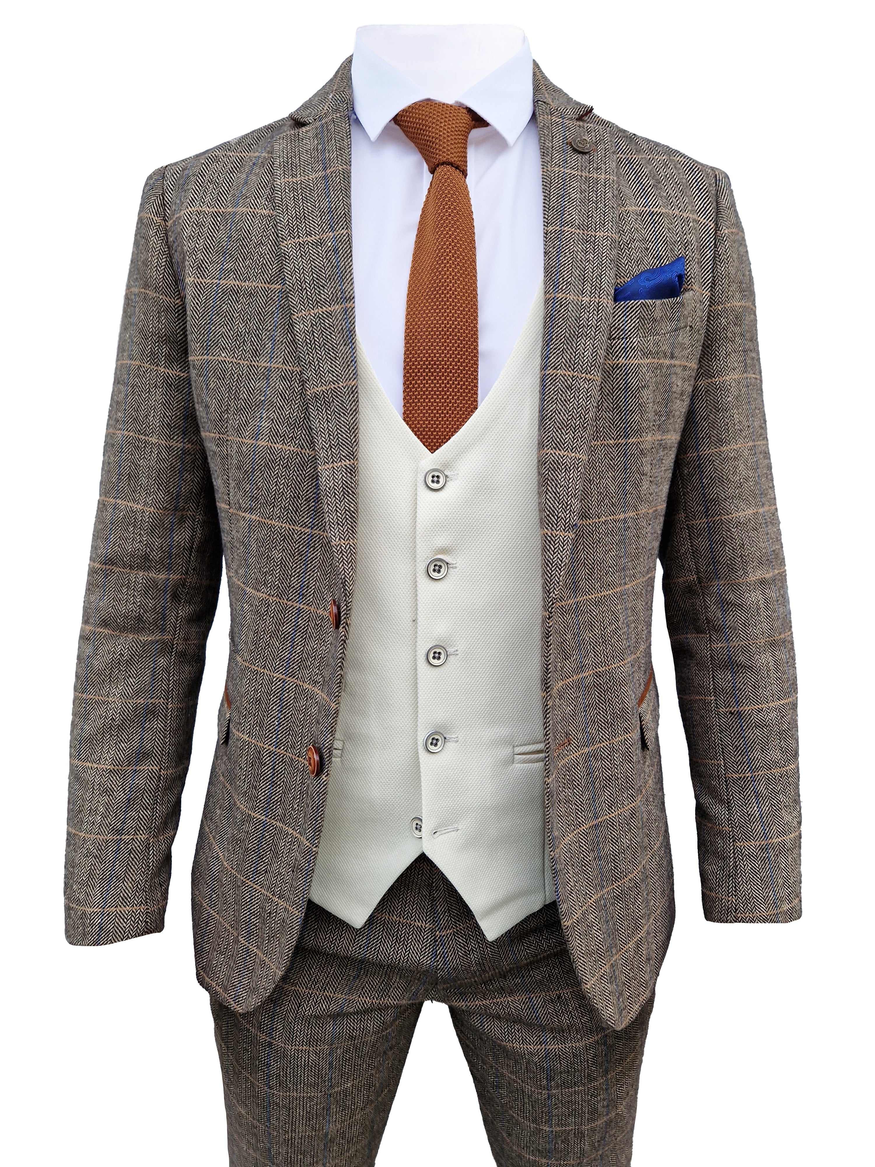 Mix and match - Abito da uomo a tre pezzi Herringbone marrone/crema