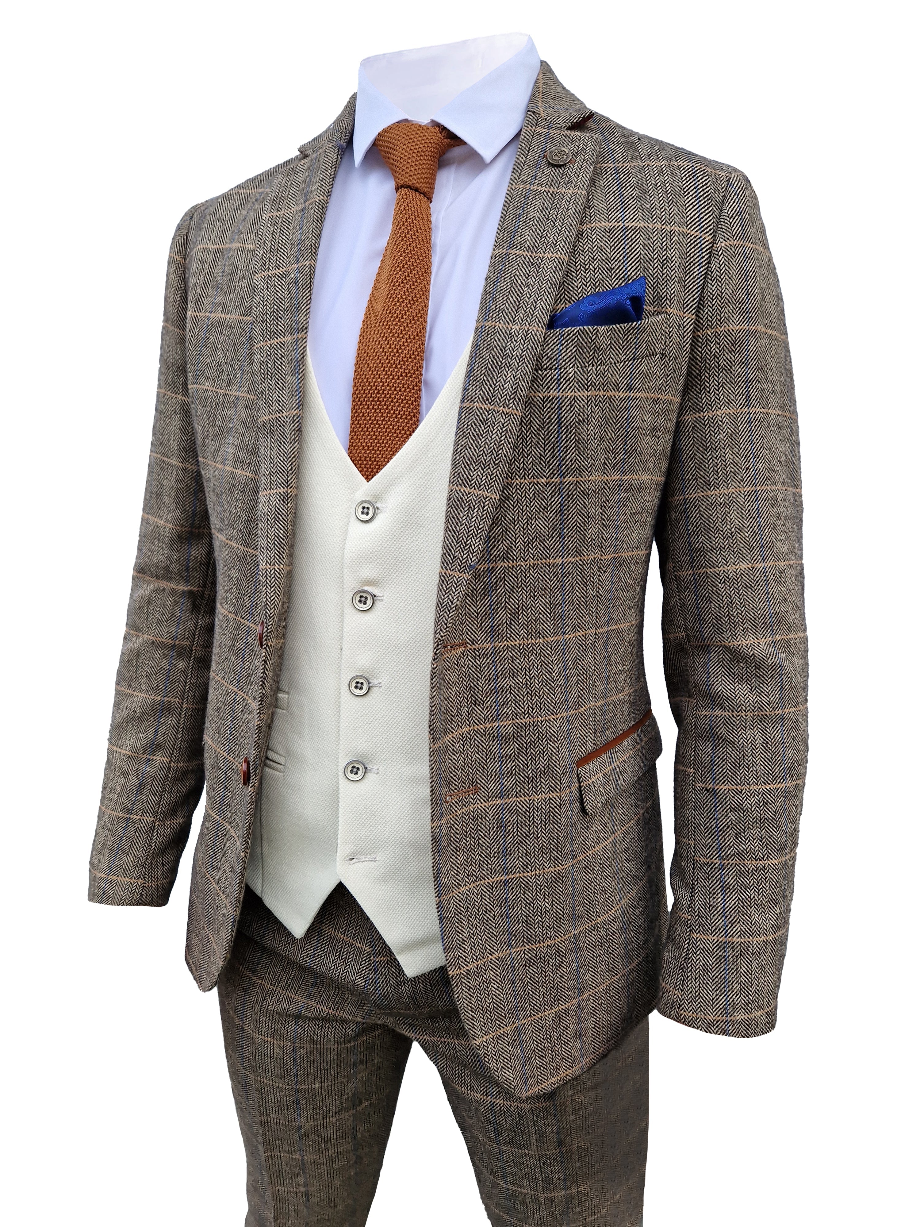 Mix and match - Abito da uomo a tre pezzi Herringbone marrone/crema