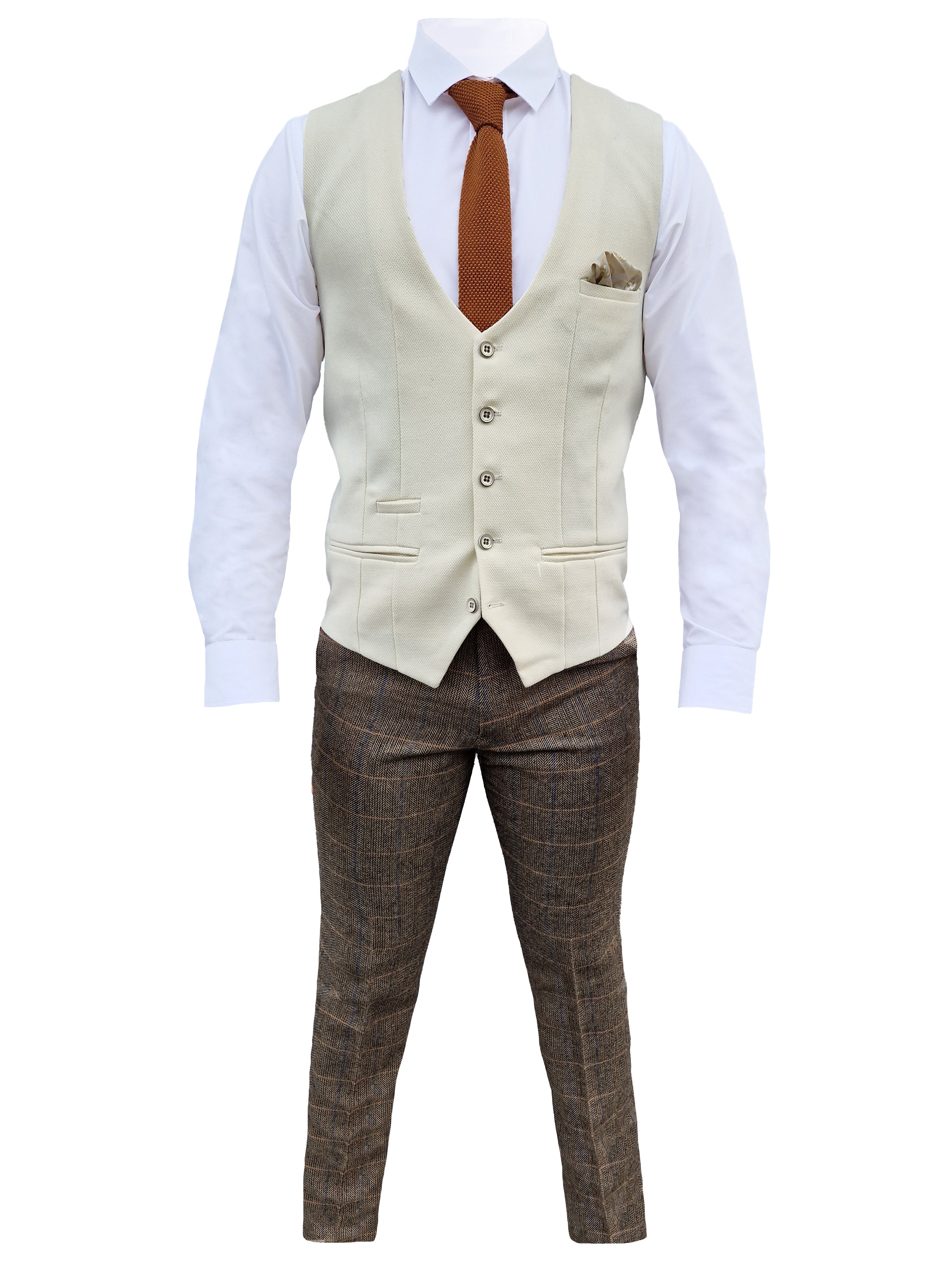 Mix and match - Abito da uomo a tre pezzi Herringbone marrone/crema