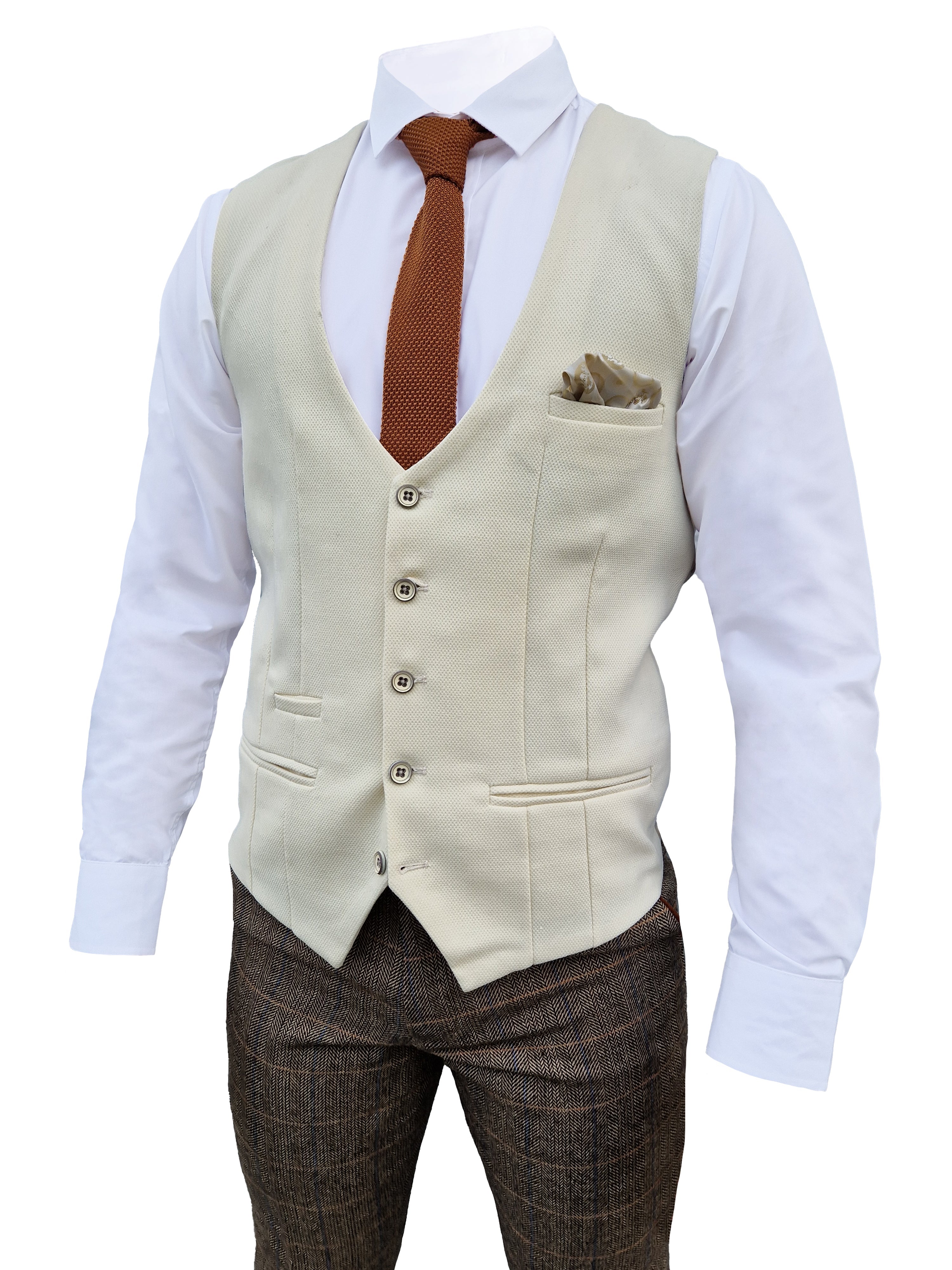 Mix and match - Abito da uomo a tre pezzi Herringbone marrone/crema