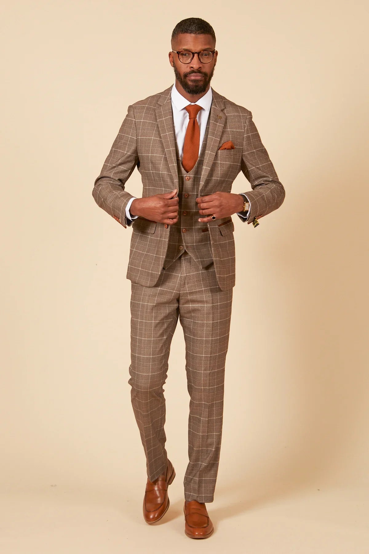 Completo da uomo a tre pezzi beige a quadri - Marc Darcy Ray Tan suit