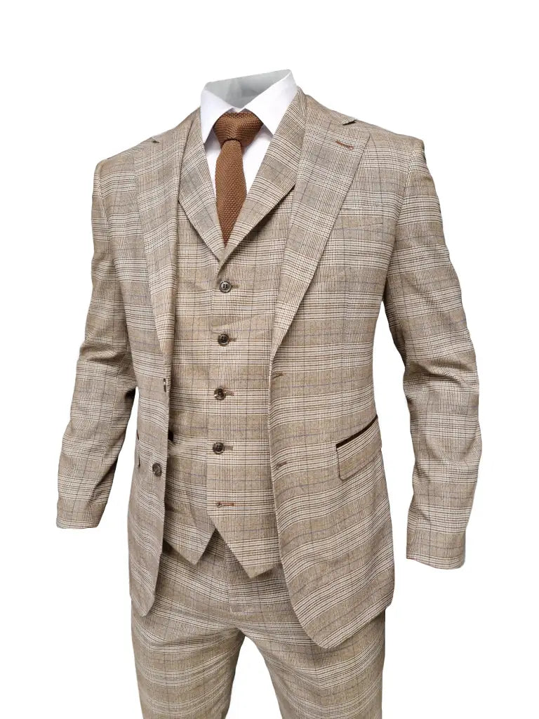 TAVERNY Captain - Completo uomo a tre pezzi a quadri beige